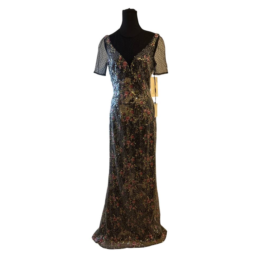 NWT Love by Theia Floral Sequin Gown Size 4 Illusion Sleeve Formal Evening Dress